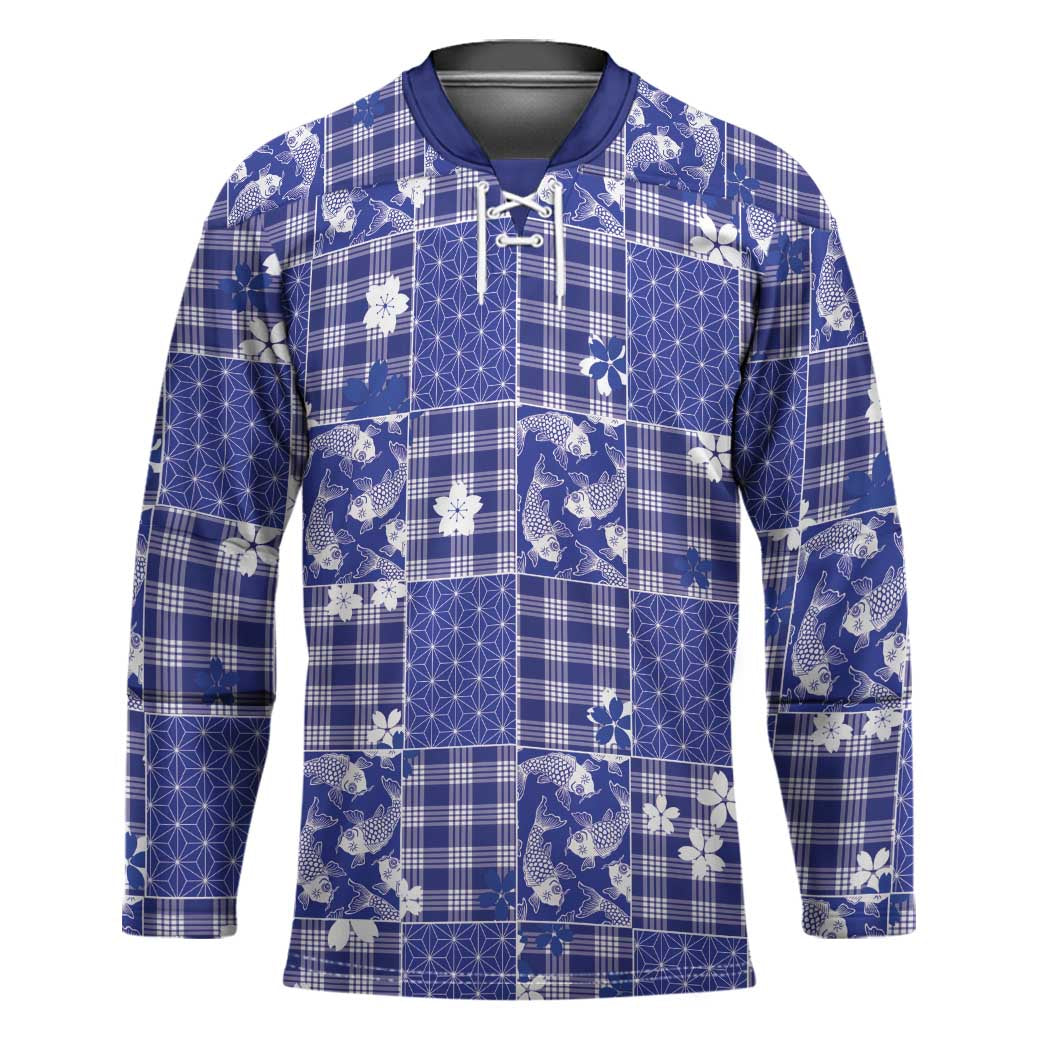 Blue Palaka Japanese Patterns Hockey Jersey Koi Fish Asanoha Sakura Patchwork Stylized - Polynesian Pride