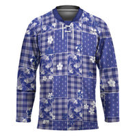 Blue Palaka Japanese Patterns Hockey Jersey Koi Fish Asanoha Sakura Patchwork Stylized LT14 Unisex Blue - Polynesian Pride