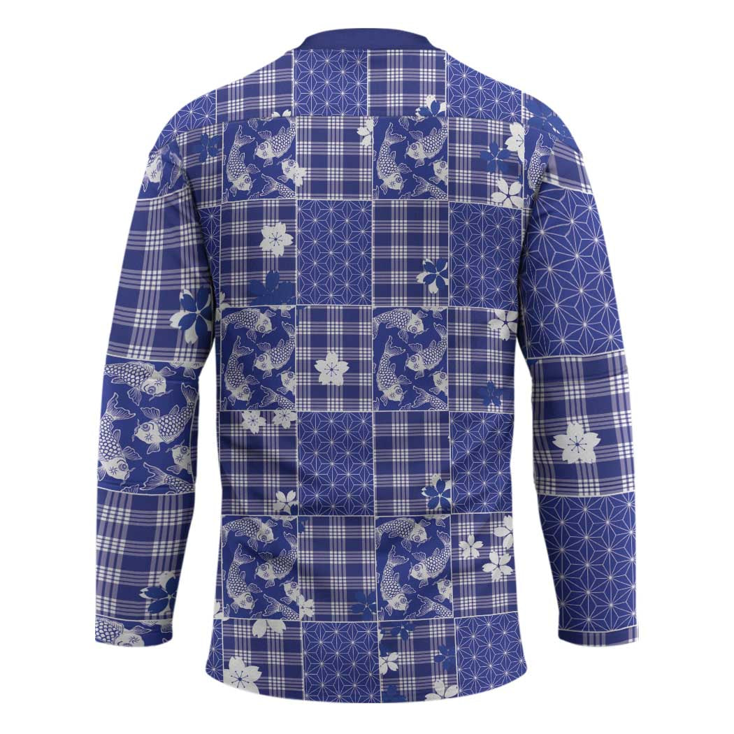 Blue Palaka Japanese Patterns Hockey Jersey Koi Fish Asanoha Sakura Patchwork Stylized LT14 - Polynesian Pride