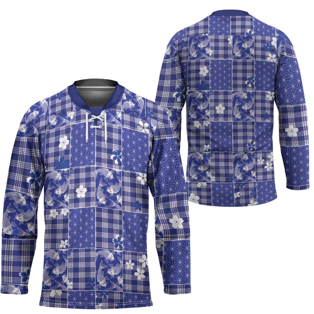 Blue Palaka Japanese Patterns Hockey Jersey Koi Fish Asanoha Sakura Patchwork Stylized LT14 - Polynesian Pride