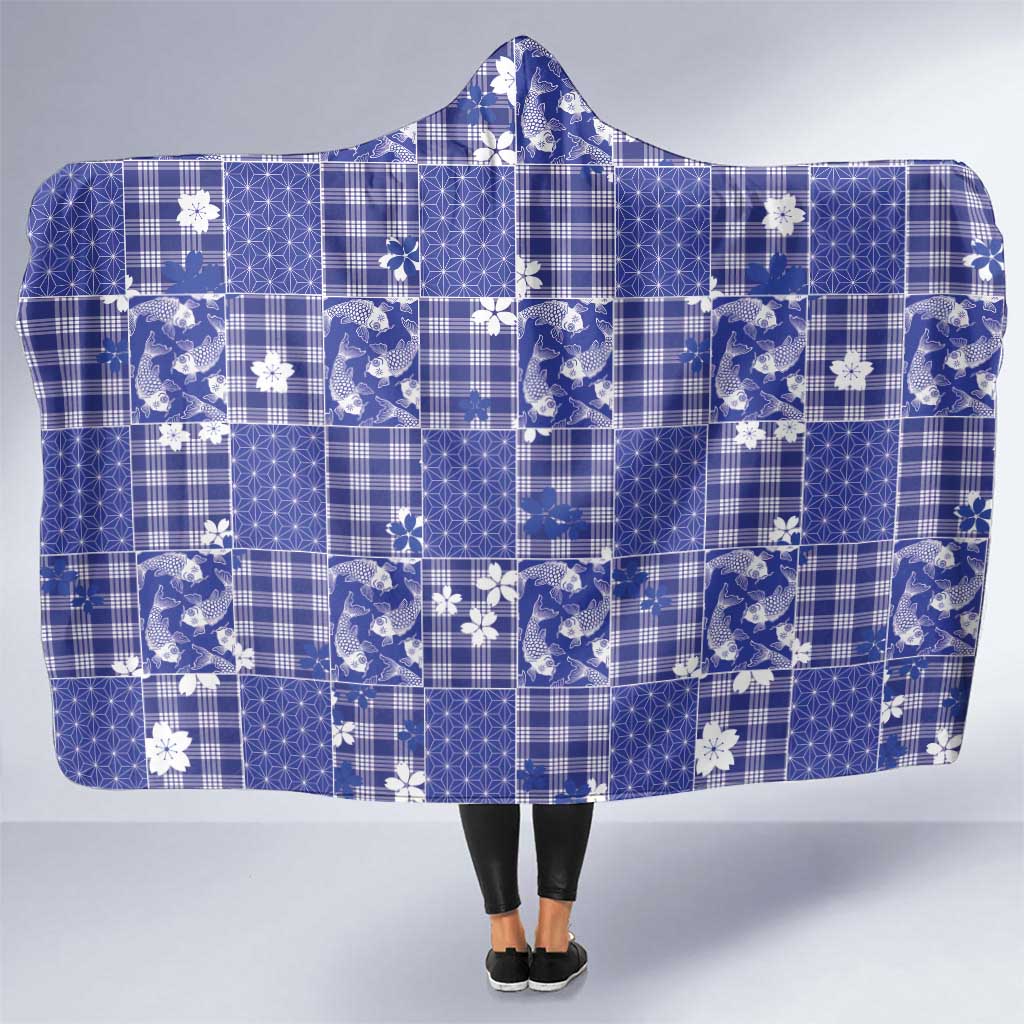 Blue Palaka Japanese Patterns Hooded Blanket Koi Fish Asanoha Sakura Patchwork Stylized LT14 One Size Blue - Polynesian Pride
