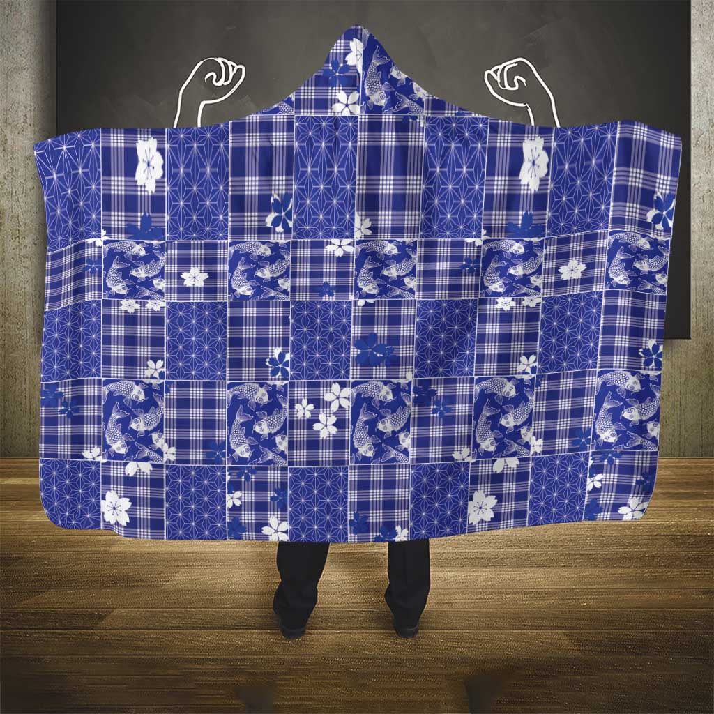 Blue Palaka Japanese Patterns Hooded Blanket Koi Fish Asanoha Sakura Patchwork Stylized LT14 - Polynesian Pride
