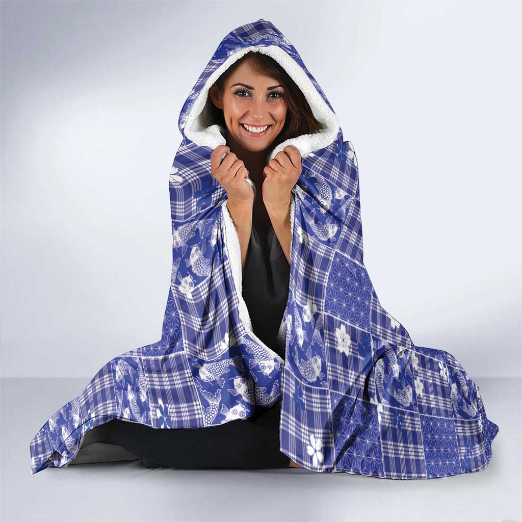 Blue Palaka Japanese Patterns Hooded Blanket Koi Fish Asanoha Sakura Patchwork Stylized LT14 - Polynesian Pride