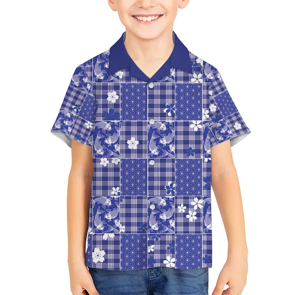 Blue Palaka Japanese Patterns Kid Hawaiian Shirt Koi Fish Asanoha Sakura Patchwork Stylized - Polynesian Pride
