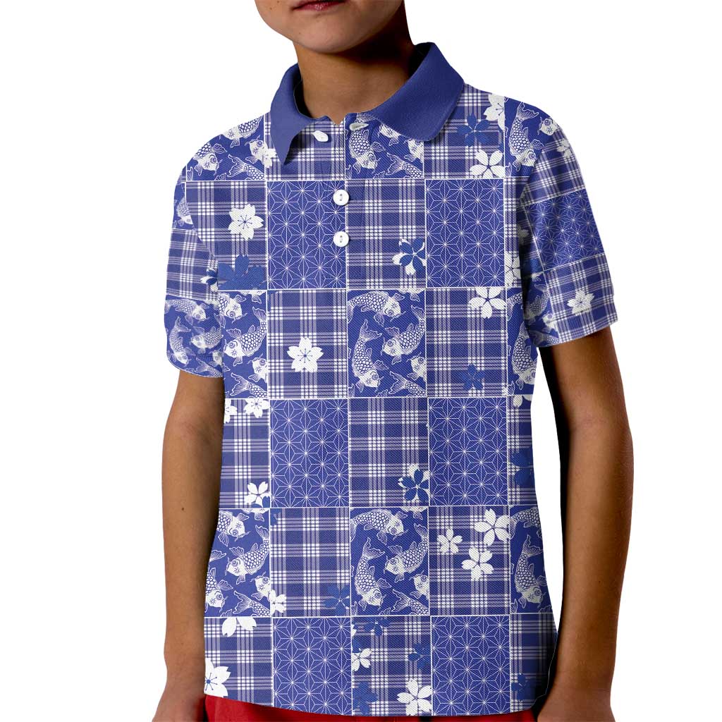 Blue Palaka Japanese Patterns Kid Polo Shirt Koi Fish Asanoha Sakura Patchwork Stylized - Polynesian Pride