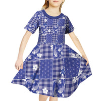 Blue Palaka Japanese Patterns Kid Short Sleeve Dress Koi Fish Asanoha Sakura Patchwork Stylized - Polynesian Pride