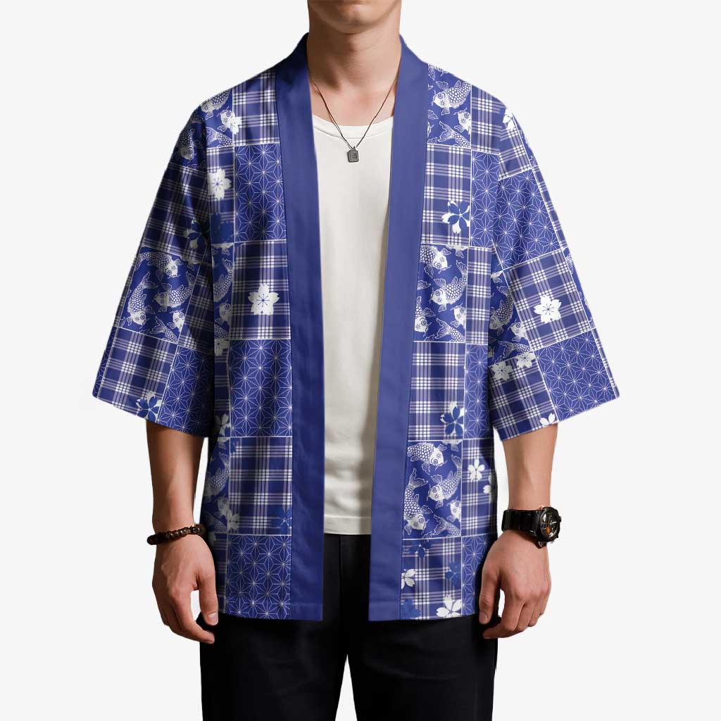 Blue Palaka Japanese Patterns Kimono Koi Fish Asanoha Sakura Patchwork Stylized - Polynesian Pride