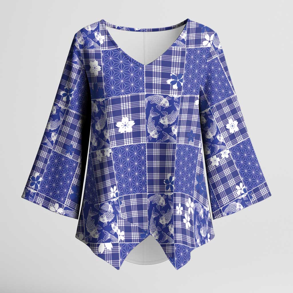 Blue Palaka Japanese Patterns Kimono Sleeve Blouse Koi Fish Asanoha Sakura Patchwork Stylized - Polynesian Pride