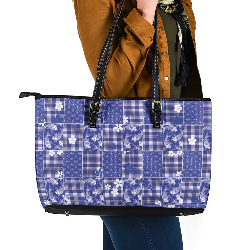 Blue Palaka Japanese Patterns Leather Tote Bag Koi Fish Asanoha Sakura Patchwork Stylized LT14 - Polynesian Pride