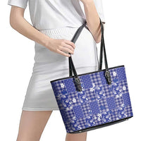 Blue Palaka Japanese Patterns Leather Tote Bag Koi Fish Asanoha Sakura Patchwork Stylized LT14 - Polynesian Pride