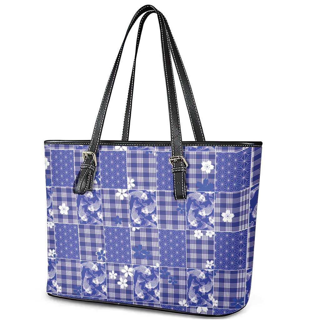 Blue Palaka Japanese Patterns Leather Tote Bag Koi Fish Asanoha Sakura Patchwork Stylized LT14 - Polynesian Pride