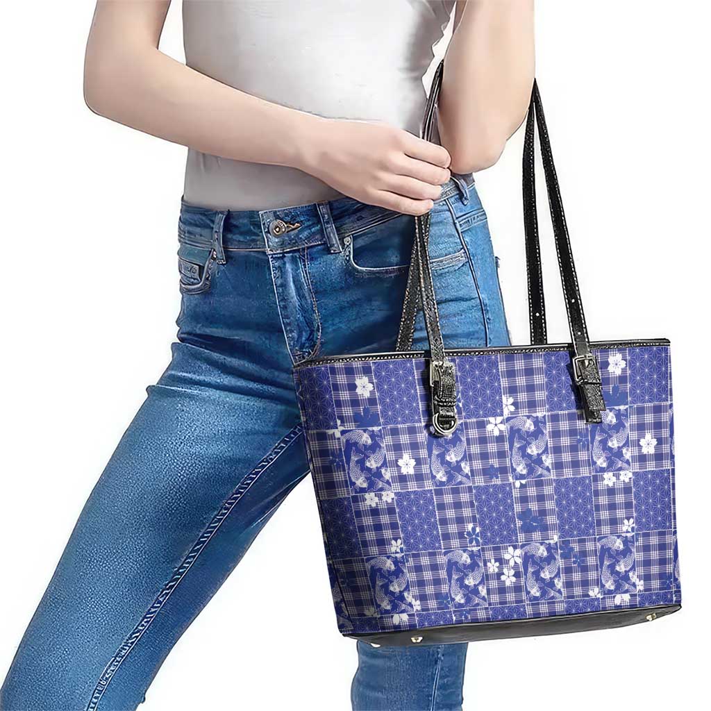 Blue Palaka Japanese Patterns Leather Tote Bag Koi Fish Asanoha Sakura Patchwork Stylized LT14 - Polynesian Pride