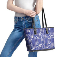 Blue Palaka Japanese Patterns Leather Tote Bag Koi Fish Asanoha Sakura Patchwork Stylized LT14 - Polynesian Pride