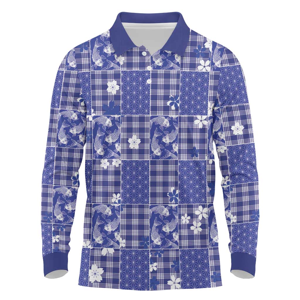 Blue Palaka Japanese Patterns Long Sleeve Polo Shirt Koi Fish Asanoha Sakura Patchwork Stylized - Polynesian Pride