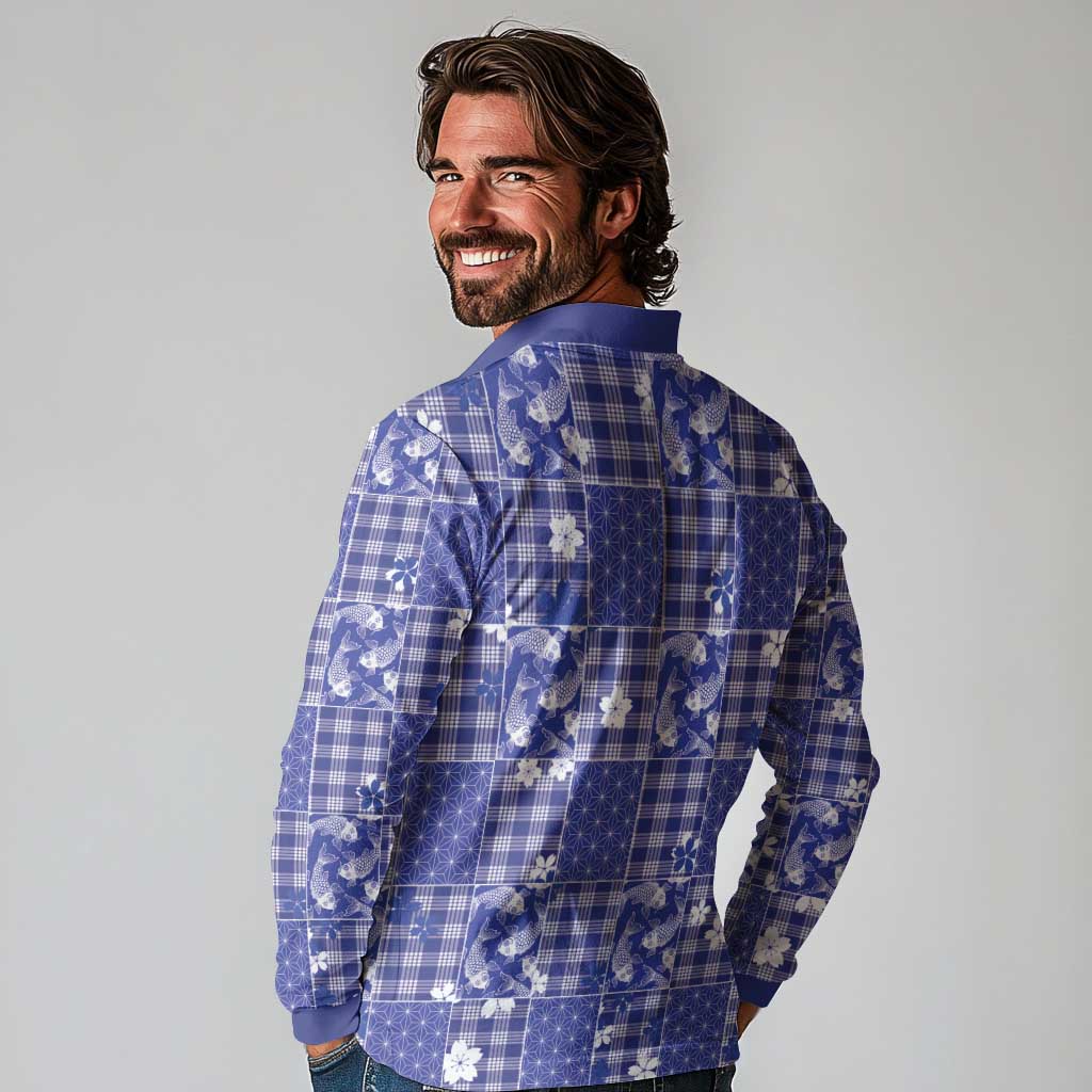 Blue Palaka Japanese Patterns Long Sleeve Polo Shirt Koi Fish Asanoha Sakura Patchwork Stylized - Polynesian Pride