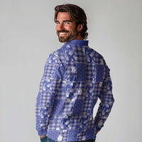 Blue Palaka Japanese Patterns Long Sleeve Polo Shirt Koi Fish Asanoha Sakura Patchwork Stylized - Polynesian Pride