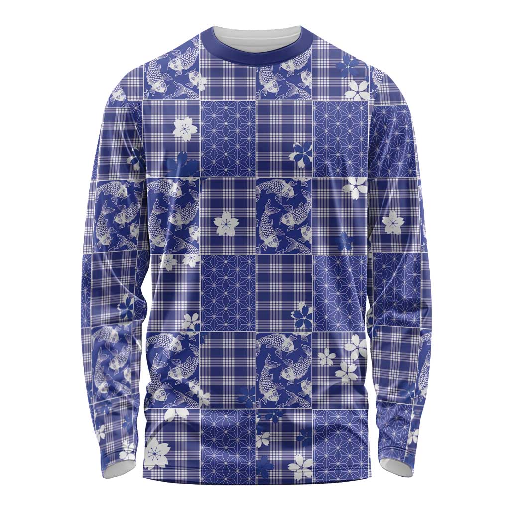Blue Palaka Japanese Patterns Long Sleeve Shirt Koi Fish Asanoha Sakura Patchwork Stylized - Polynesian Pride