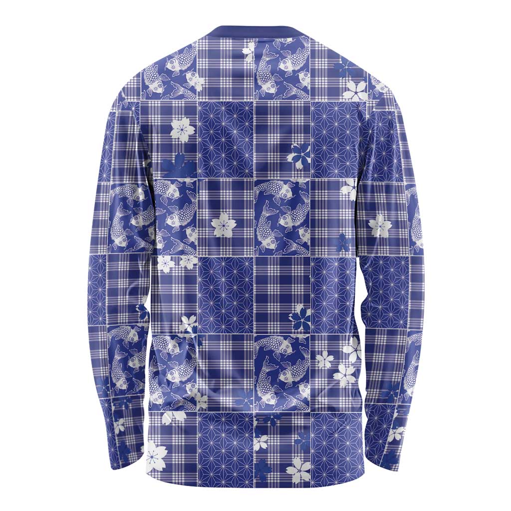 Blue Palaka Japanese Patterns Long Sleeve Shirt Koi Fish Asanoha Sakura Patchwork Stylized - Polynesian Pride