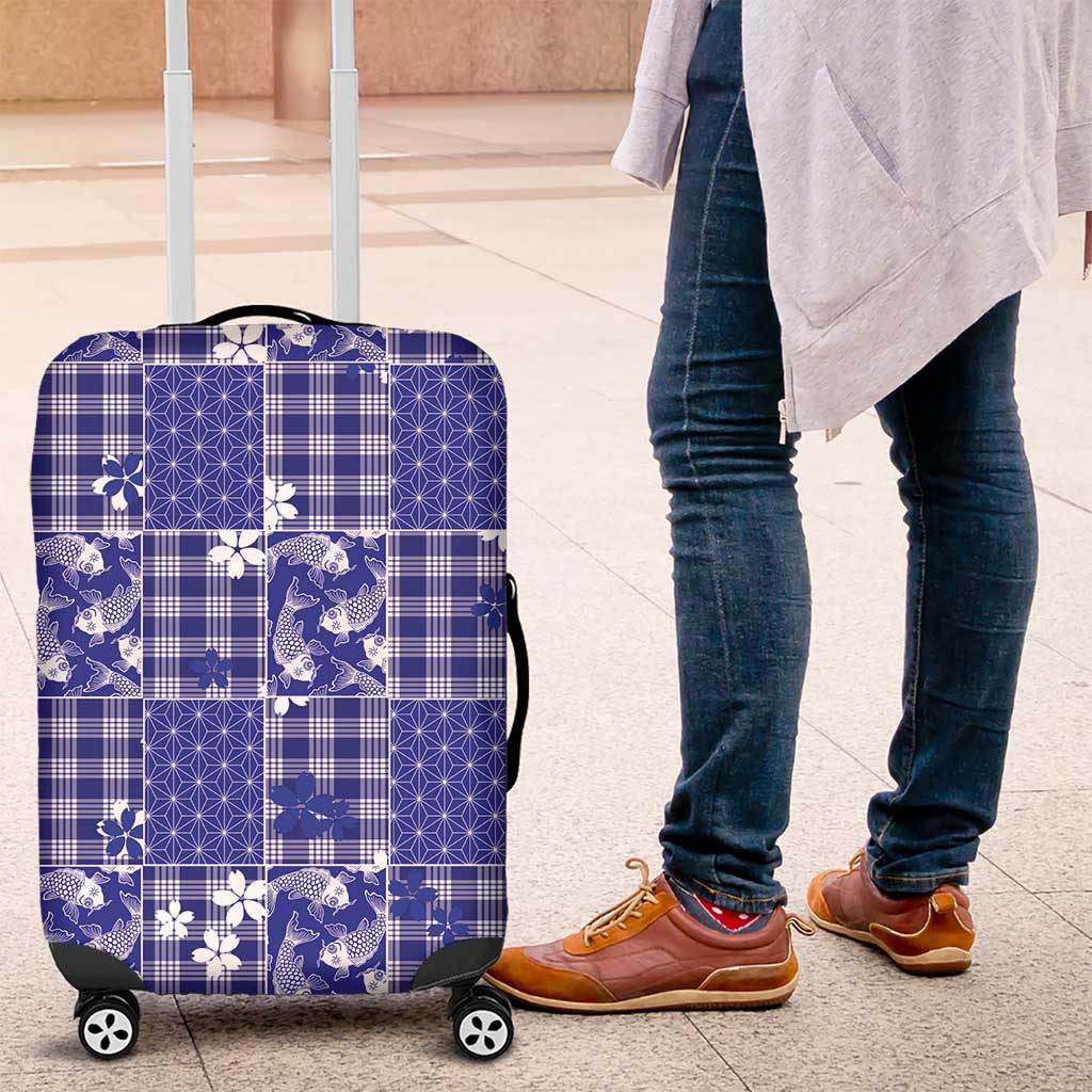 Blue Palaka Japanese Patterns Luggage Cover Koi Fish Asanoha Sakura Patchwork Stylized LT14 Blue - Polynesian Pride
