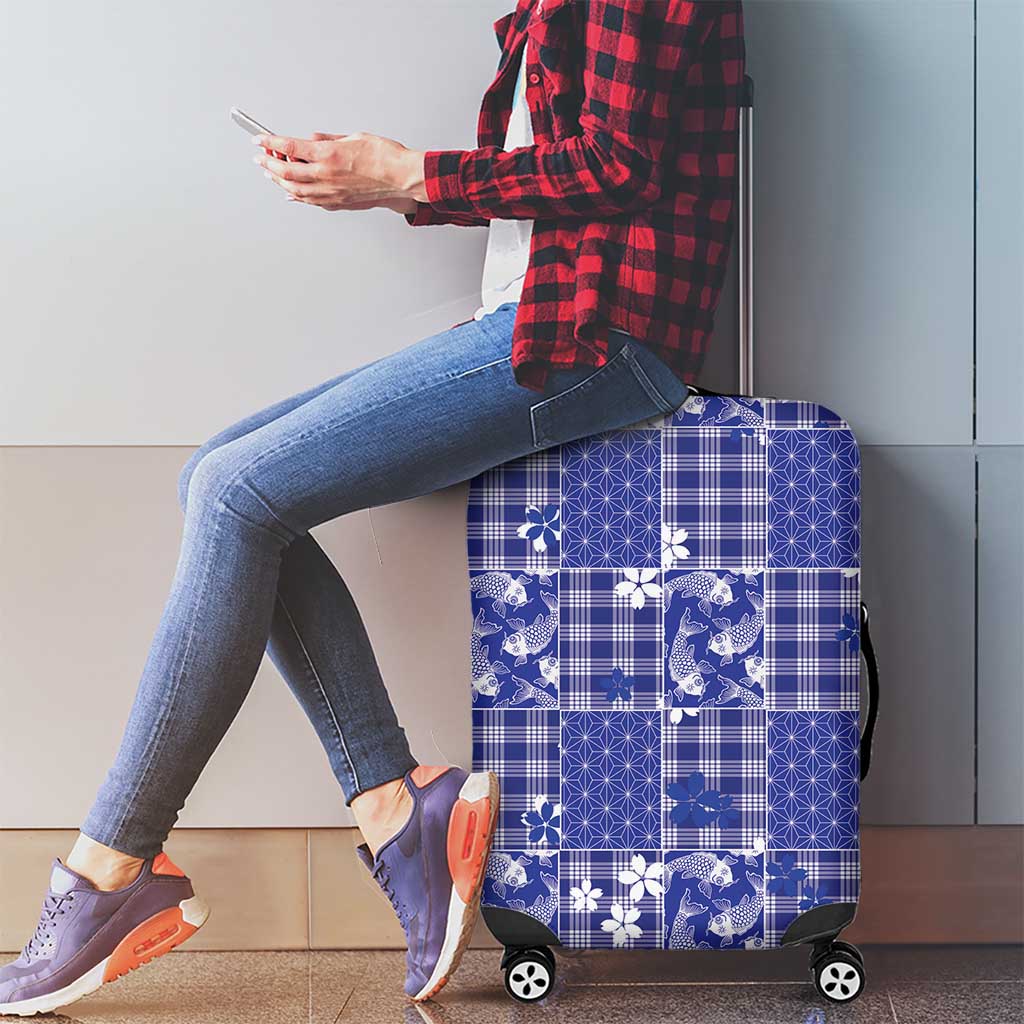 Blue Palaka Japanese Patterns Luggage Cover Koi Fish Asanoha Sakura Patchwork Stylized LT14 - Polynesian Pride