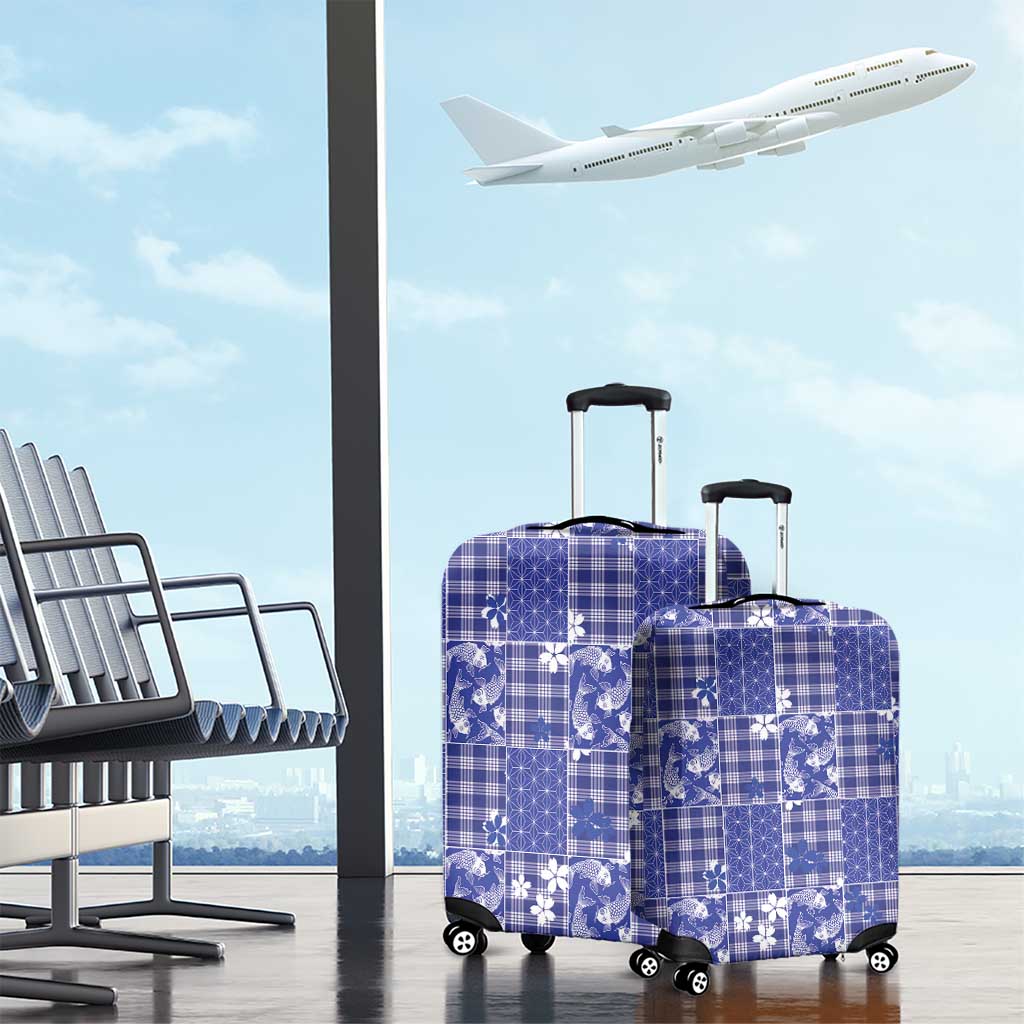 Blue Palaka Japanese Patterns Luggage Cover Koi Fish Asanoha Sakura Patchwork Stylized LT14 - Polynesian Pride