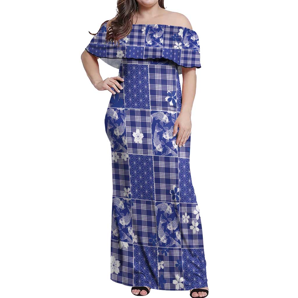 Blue Palaka Japanese Patterns Off Shoulder Maxi Dress Koi Fish Asanoha Sakura Patchwork Stylized - Polynesian Pride