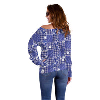 Blue Palaka Japanese Patterns Off Shoulder Sweater Koi Fish Asanoha Sakura Patchwork Stylized - Polynesian Pride