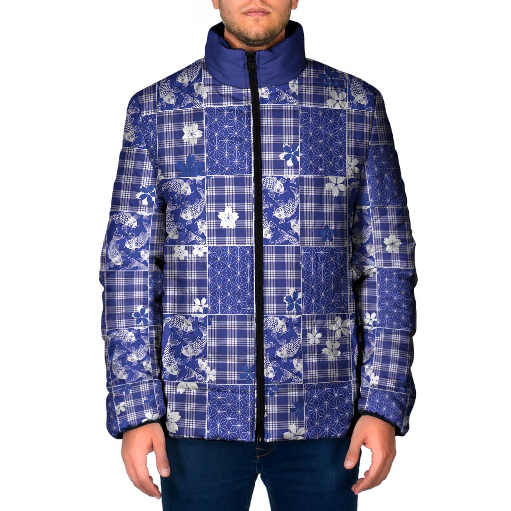 Blue Palaka Japanese Patterns Padded Jacket Koi Fish Asanoha Sakura Patchwork Stylized - Polynesian Pride
