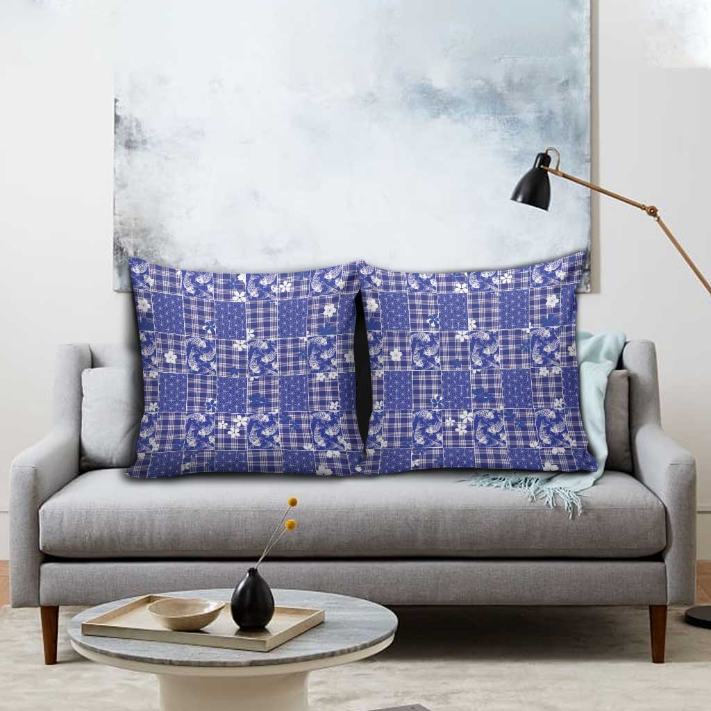 Blue Palaka Japanese Patterns Pillow Cover Koi Fish Asanoha Sakura Patchwork Stylized LT14 - Polynesian Pride