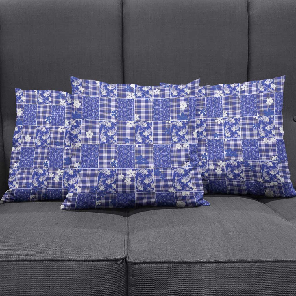Blue Palaka Japanese Patterns Pillow Cover Koi Fish Asanoha Sakura Patchwork Stylized LT14 - Polynesian Pride