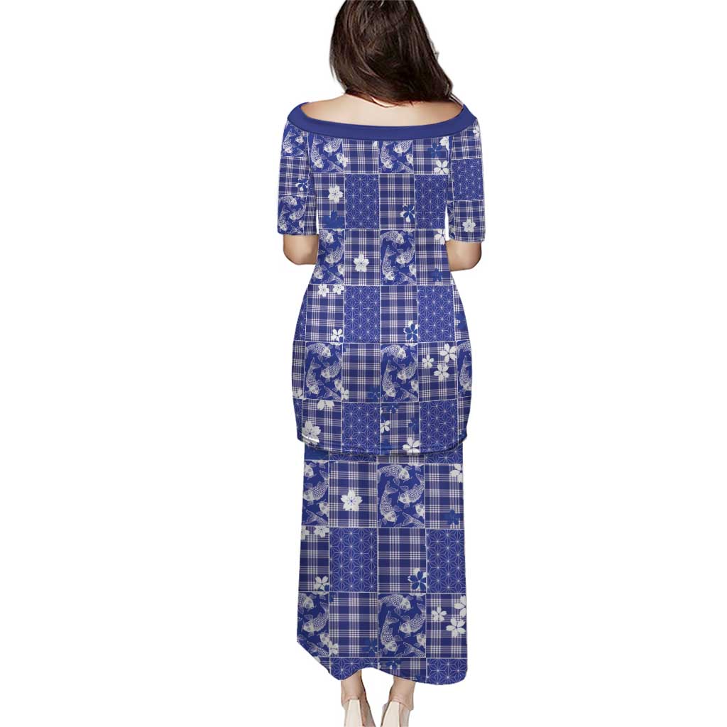 Blue Palaka Japanese Patterns Puletasi Koi Fish Asanoha Sakura Patchwork Stylized - Polynesian Pride