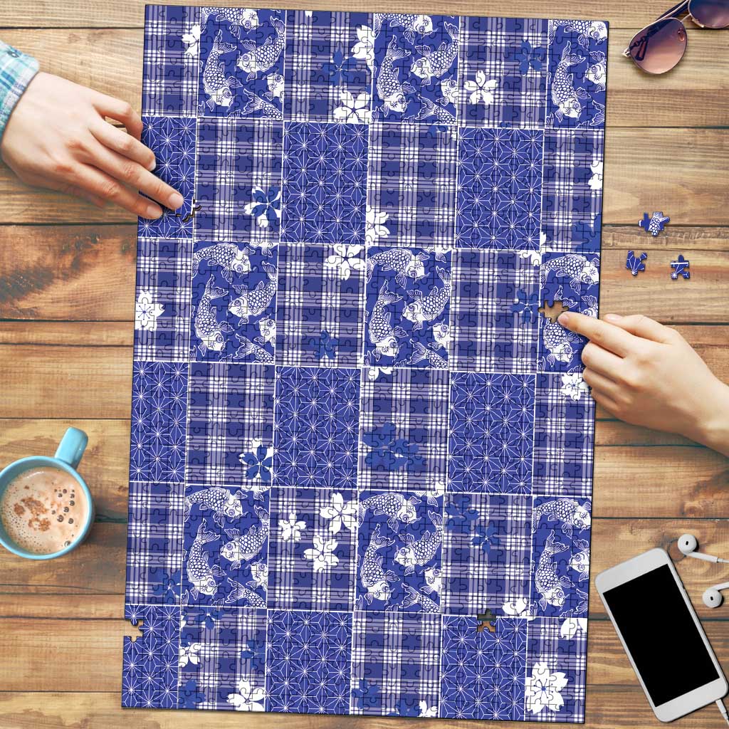 Blue Palaka Japanese Patterns Puzzle Koi Fish Asanoha Sakura Patchwork Stylized LT14 Blue - Polynesian Pride