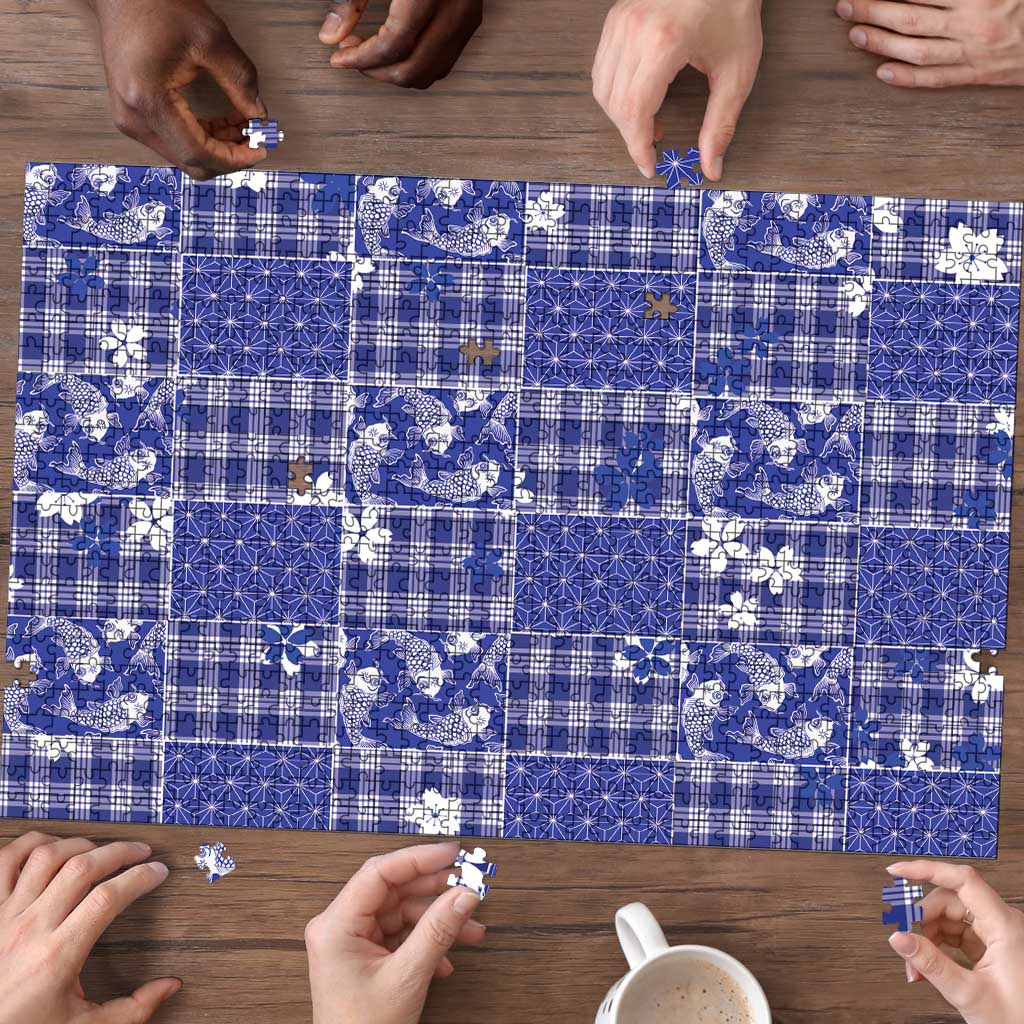 Blue Palaka Japanese Patterns Puzzle Koi Fish Asanoha Sakura Patchwork Stylized LT14 - Polynesian Pride