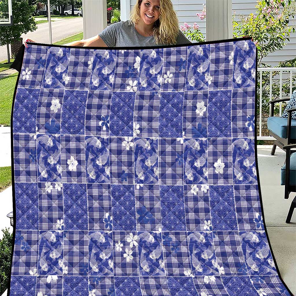 Blue Palaka Japanese Patterns Quilt Koi Fish Asanoha Sakura Patchwork Stylized LT14 Blue - Polynesian Pride