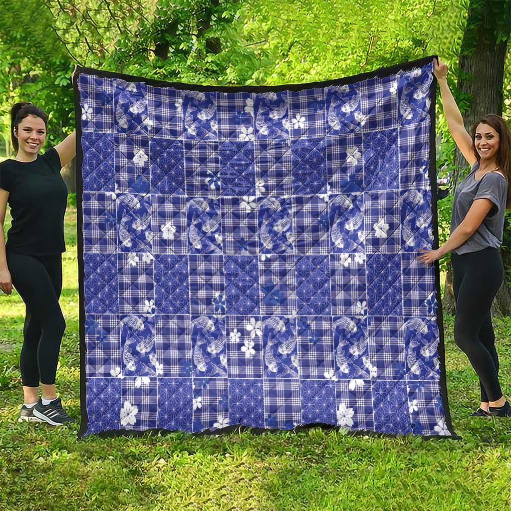 Blue Palaka Japanese Patterns Quilt Koi Fish Asanoha Sakura Patchwork Stylized LT14 - Polynesian Pride