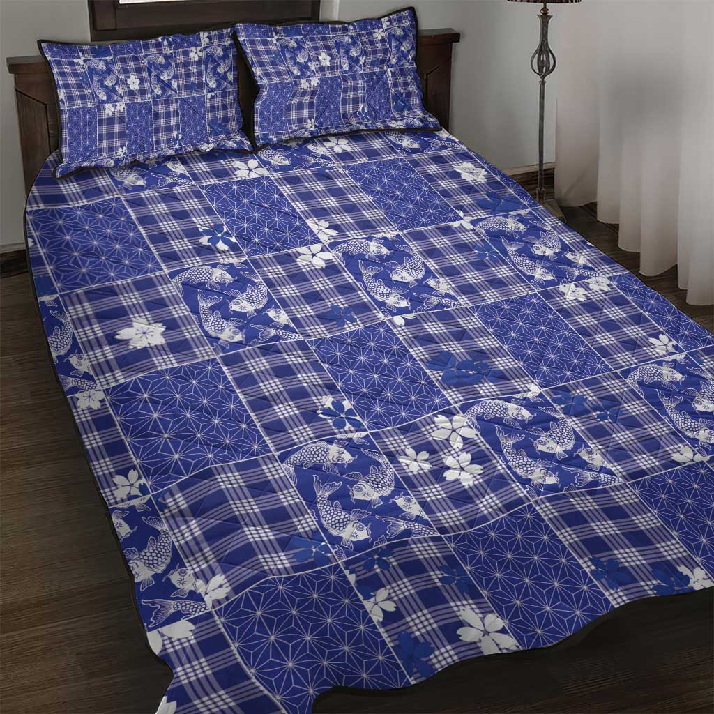 Blue Palaka Japanese Patterns Quilt Bed Set Koi Fish Asanoha Sakura Patchwork Stylized - Polynesian Pride