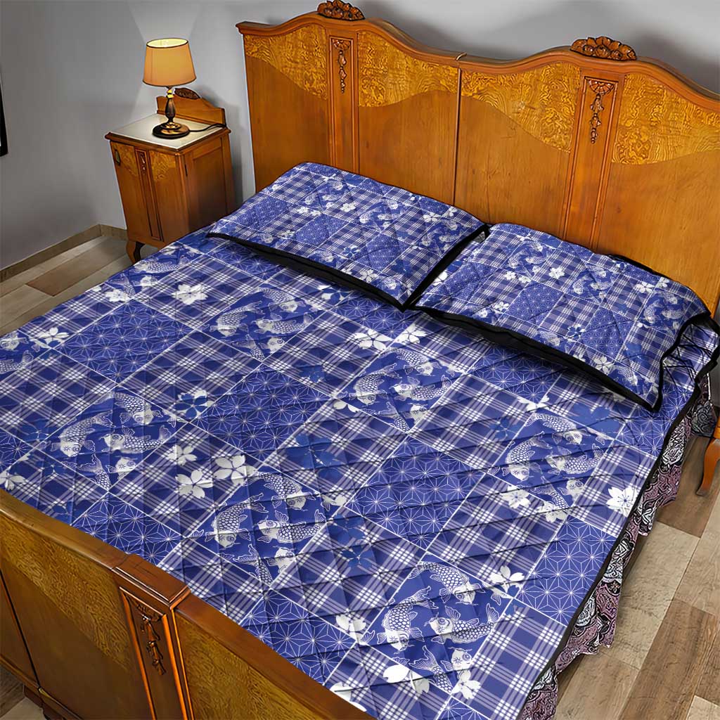 Blue Palaka Japanese Patterns Quilt Bed Set Koi Fish Asanoha Sakura Patchwork Stylized - Polynesian Pride
