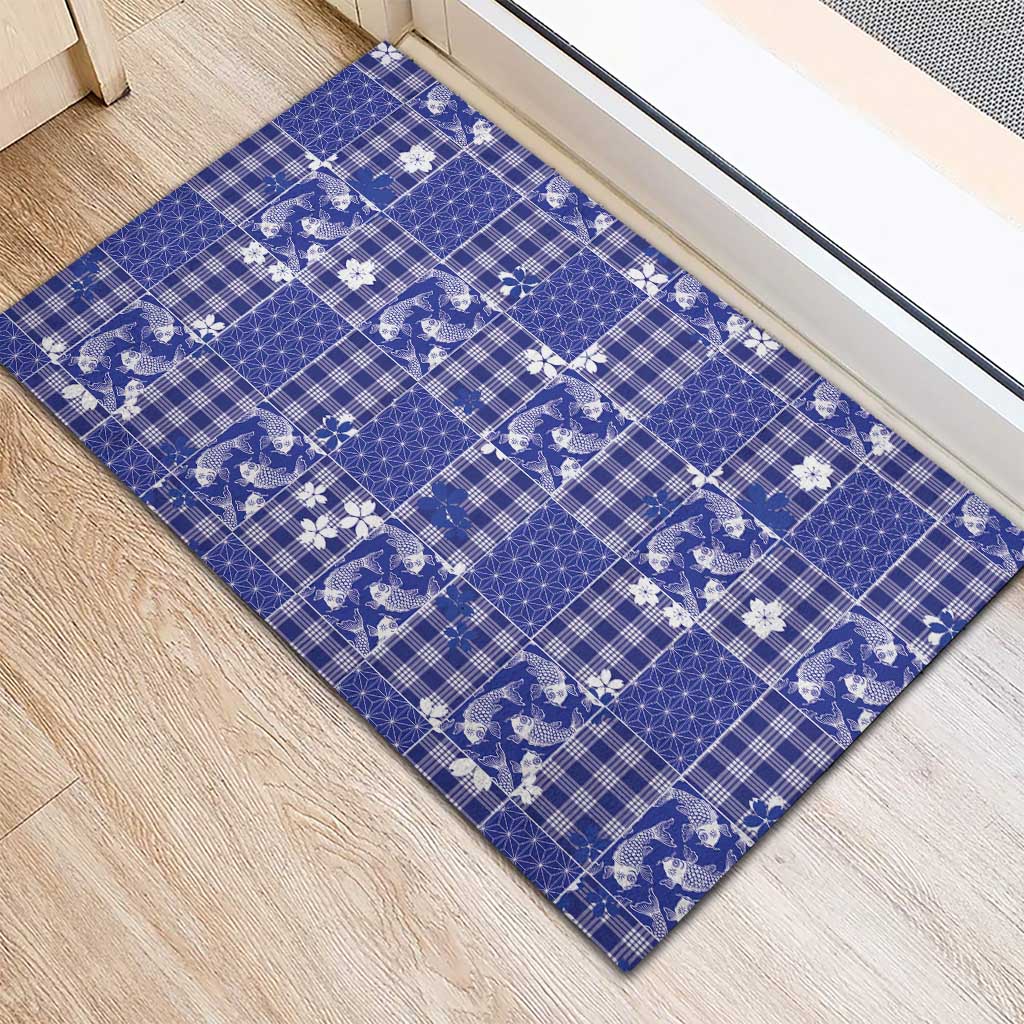 Blue Palaka Japanese Patterns Rubber Doormat Koi Fish Asanoha Sakura Patchwork Stylized - Polynesian Pride