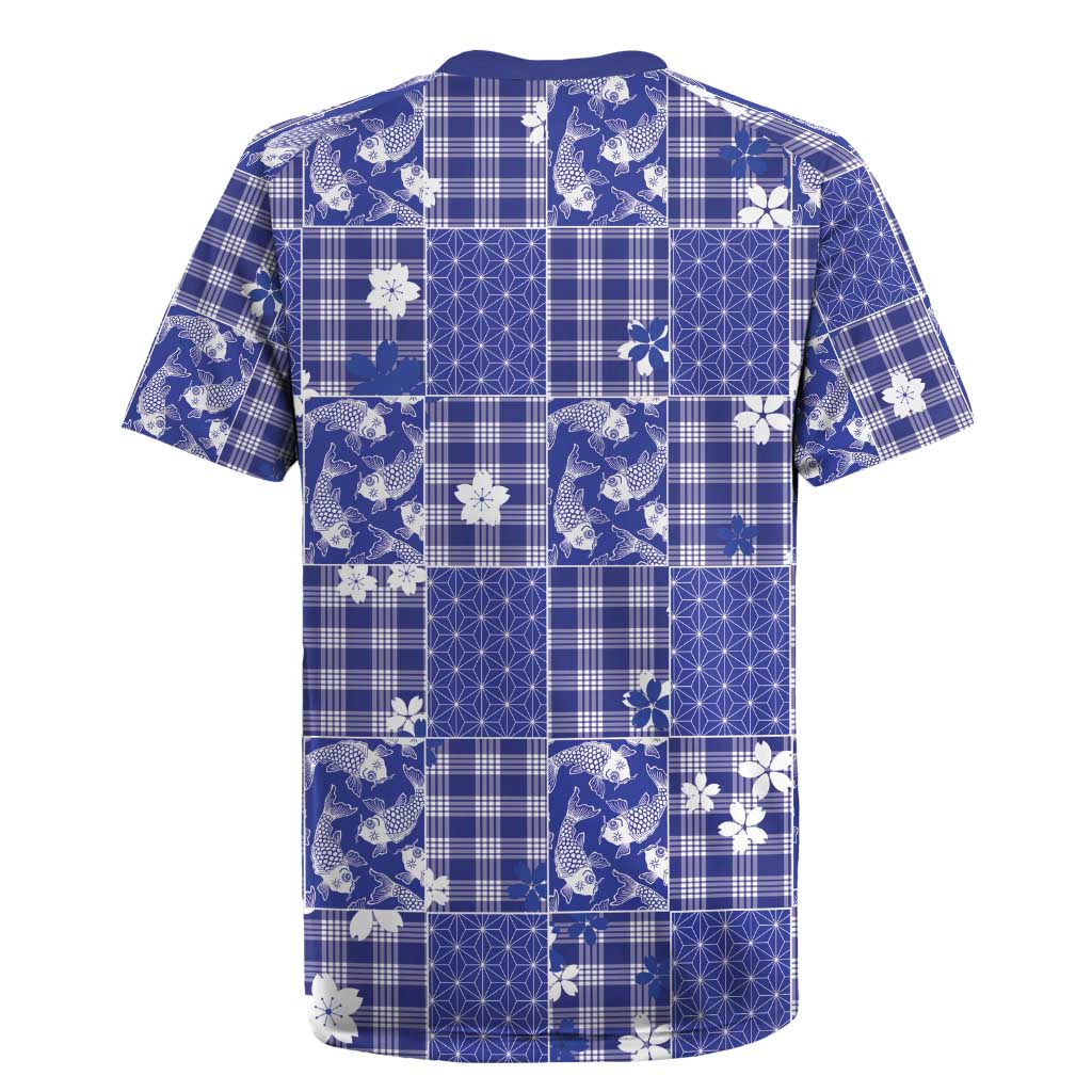 Blue Palaka Japanese Patterns Rugby Jersey Koi Fish Asanoha Sakura Patchwork Stylized - Polynesian Pride