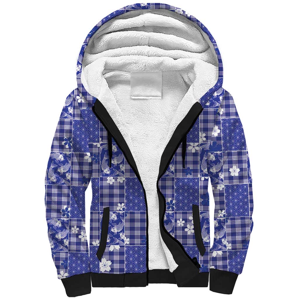 Blue Palaka Japanese Patterns Sherpa Hoodie Koi Fish Asanoha Sakura Patchwork Stylized LT14 Unisex Blue - Polynesian Pride