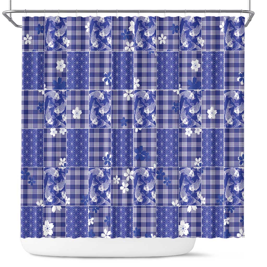 Blue Palaka Japanese Patterns Shower Curtain Koi Fish Asanoha Sakura Patchwork Stylized LT14 Blue - Polynesian Pride