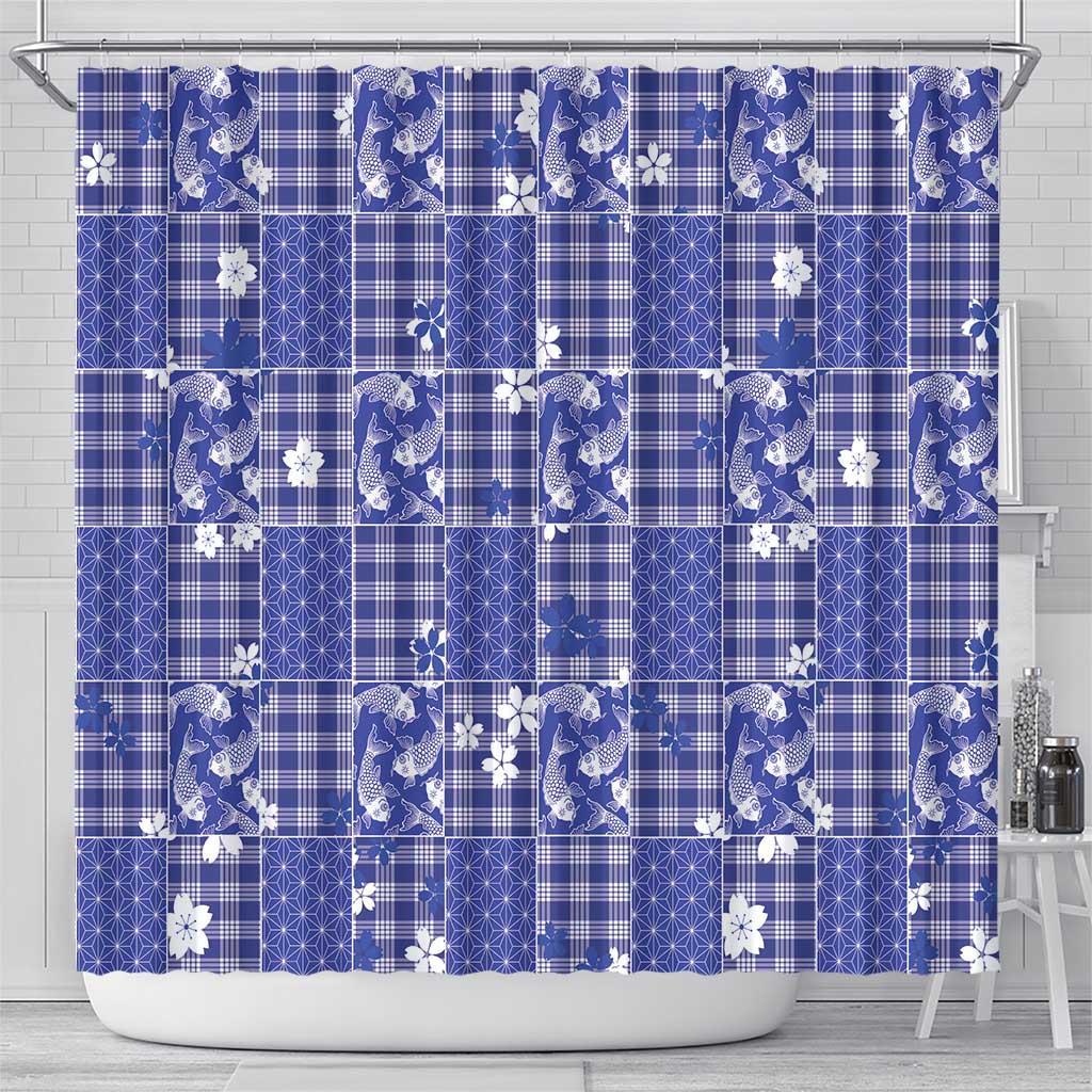Blue Palaka Japanese Patterns Shower Curtain Koi Fish Asanoha Sakura Patchwork Stylized LT14 - Polynesian Pride