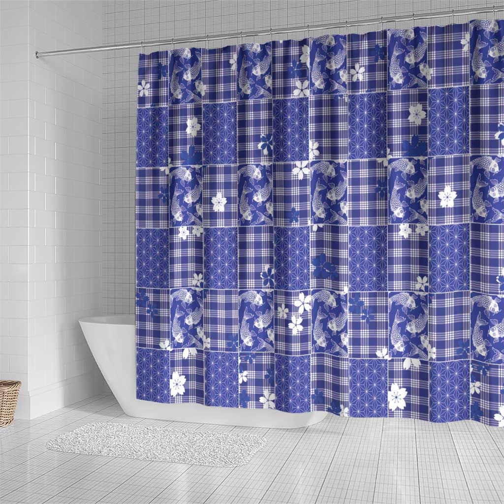 Blue Palaka Japanese Patterns Shower Curtain Koi Fish Asanoha Sakura Patchwork Stylized LT14 - Polynesian Pride