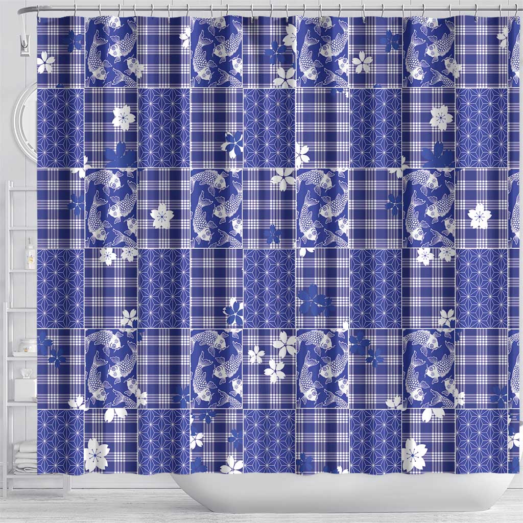 Blue Palaka Japanese Patterns Shower Curtain Koi Fish Asanoha Sakura Patchwork Stylized LT14 - Polynesian Pride
