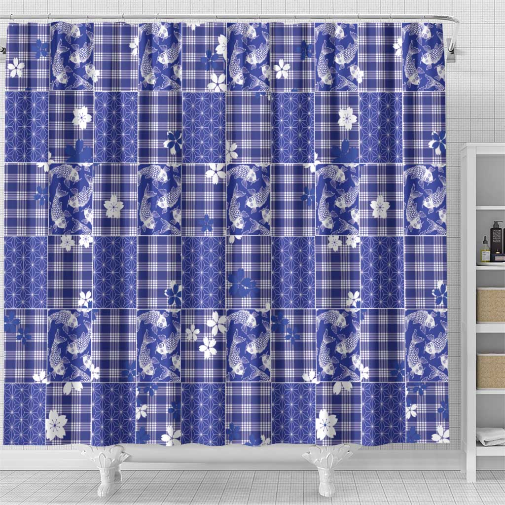 Blue Palaka Japanese Patterns Shower Curtain Koi Fish Asanoha Sakura Patchwork Stylized LT14 - Polynesian Pride