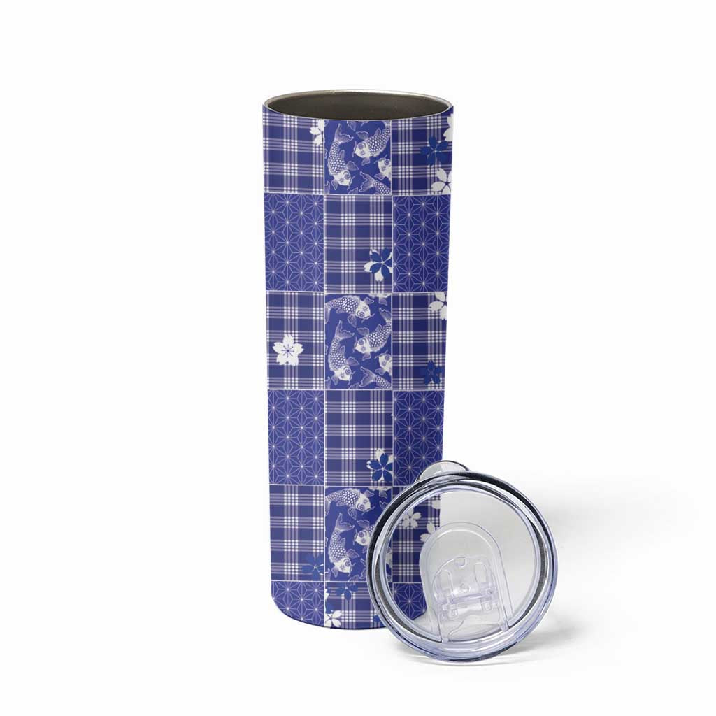 Blue Palaka Japanese Patterns Skinny Tumbler Koi Fish Asanoha Sakura Patchwork Stylized - Polynesian Pride