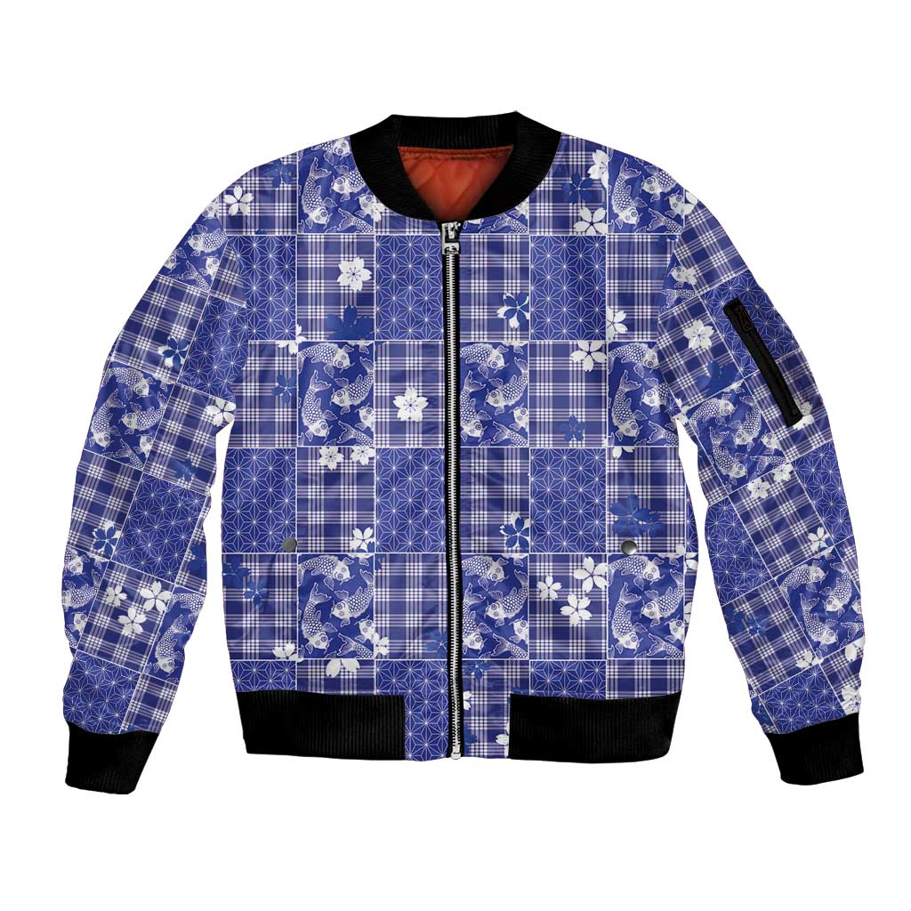 Blue Palaka Japanese Patterns Sleeve Zip Bomber Jacket Koi Fish Asanoha Sakura Patchwork Stylized LT14 Unisex Blue - Polynesian Pride
