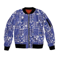 Blue Palaka Japanese Patterns Sleeve Zip Bomber Jacket Koi Fish Asanoha Sakura Patchwork Stylized LT14 Unisex Blue - Polynesian Pride