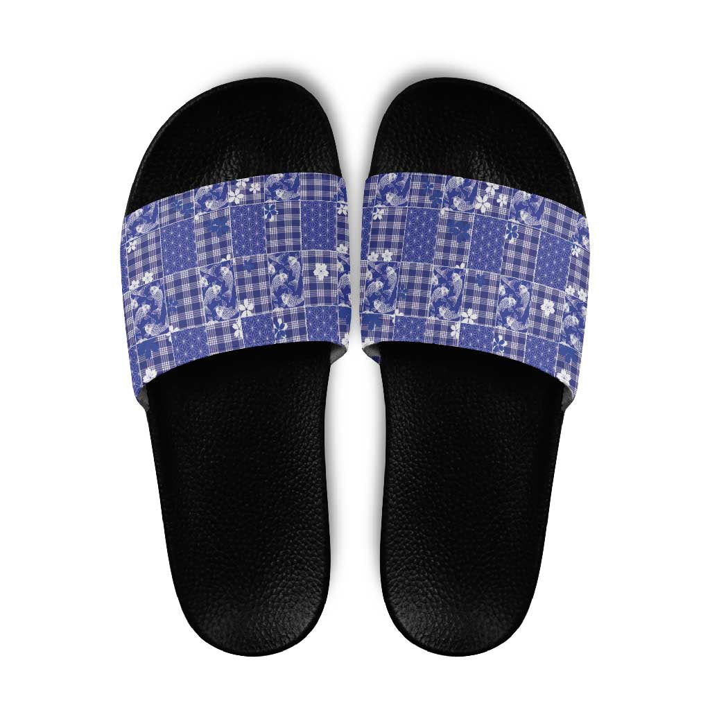 Blue Palaka Japanese Patterns Slide Sandals Koi Fish Asanoha Sakura Patchwork Stylized LT14 Blue - Polynesian Pride