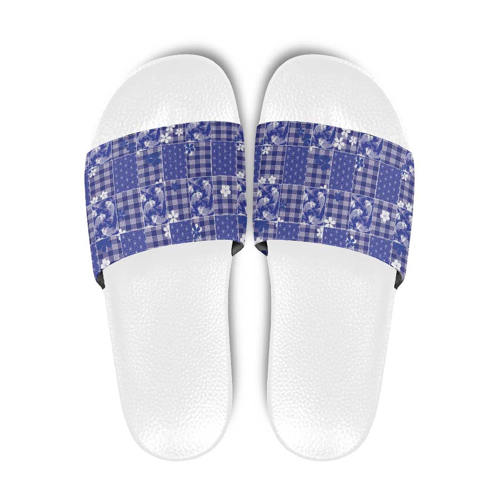 Blue Palaka Japanese Patterns Slide Sandals Koi Fish Asanoha Sakura Patchwork Stylized LT14 Blue - Polynesian Pride